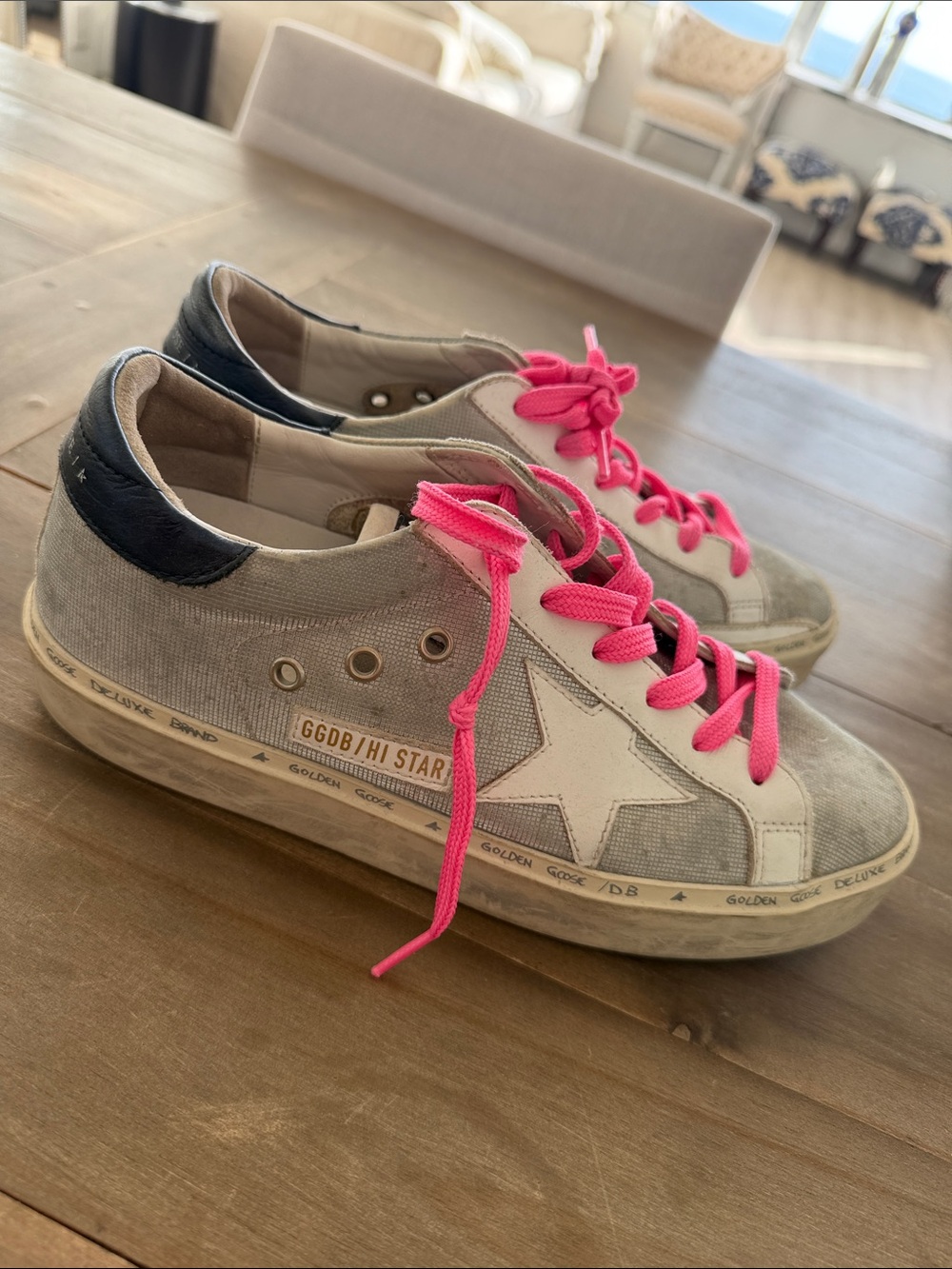 Golden Goose Canvas Hi Star Sneakers with Hot Pink Laces